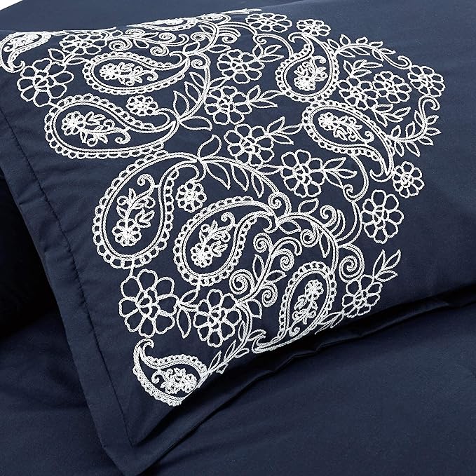 Chezmoi Collection Linz 7-Piece Navy/White Paisley Floral Scroll Embroidered Comforter Set, Queen