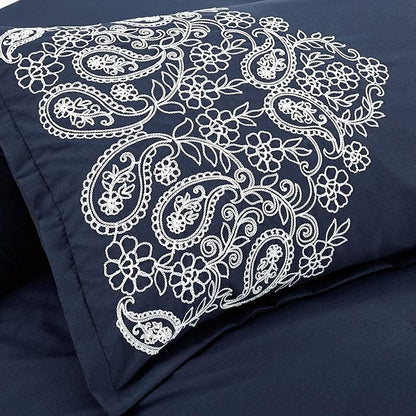 Chezmoi Collection Linz 7-Piece Navy/White Paisley Floral Scroll Embroidered Comforter Set, Queen