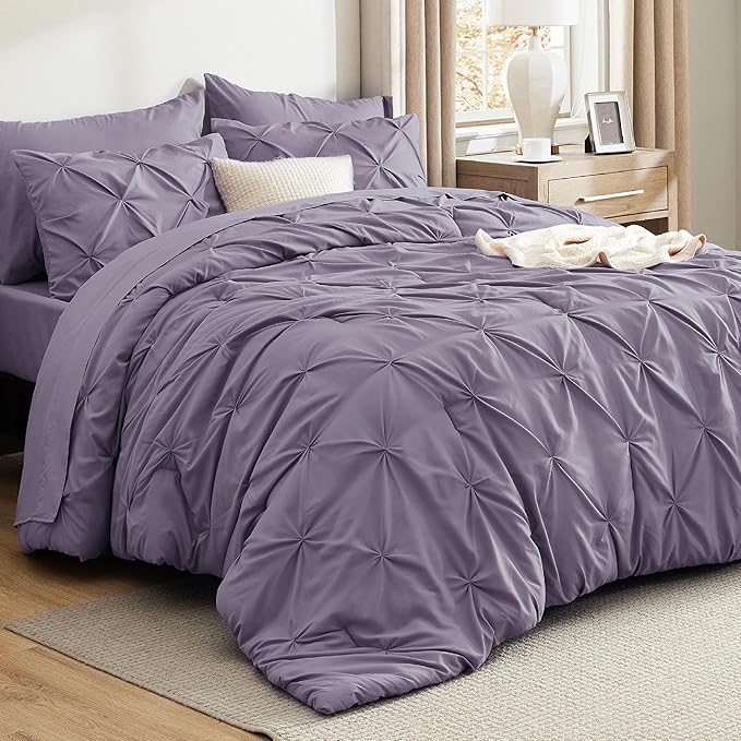 Bedsure Queen Comforter Set - Bed in a Bag Queen Size Bedding 7 Pieces, GentleSoft™ Pintuck Bed Set Gift for Family, Pinch Pleat Grayish Purple Comforter with Sheets, Pillowcases & Shams