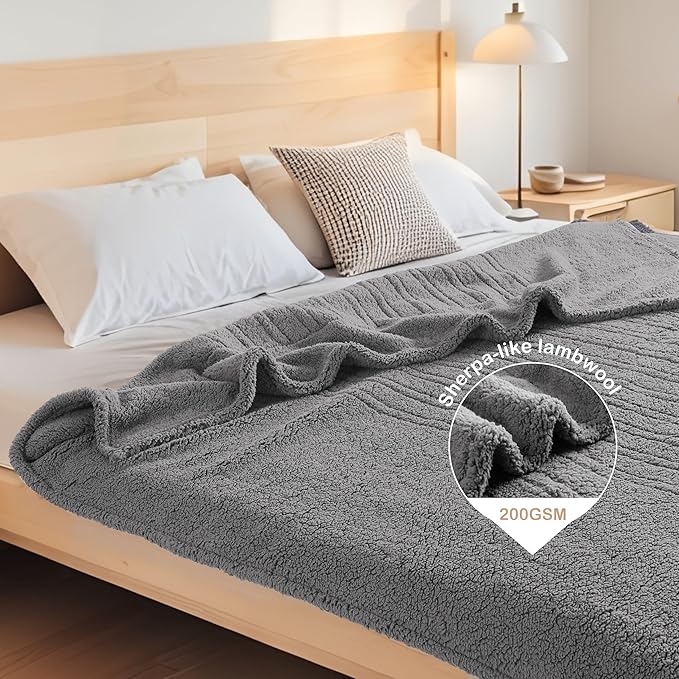 Electric Heated Blanket Throw Size 50"×60" with 9 Heating Levels & 1-10 Hs auto Off, Heating Throw Double Sided Sherpa, Energy Efficient, Machine Washable, for Sofa & Office, Light Gray