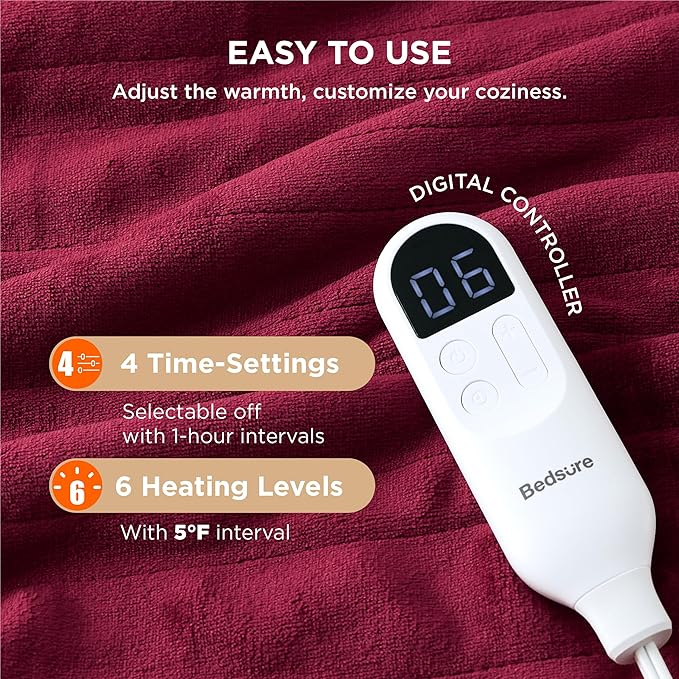 Bedsure Heated Blanket Throw Blanket - Fast Heating Electric Blanket, Soft Flannel Heated Throw with 4 Time Settings, 6 Heating Settings, Gifts for Grandma, Grandpa, Grandkids (50"x60", Burgundy)