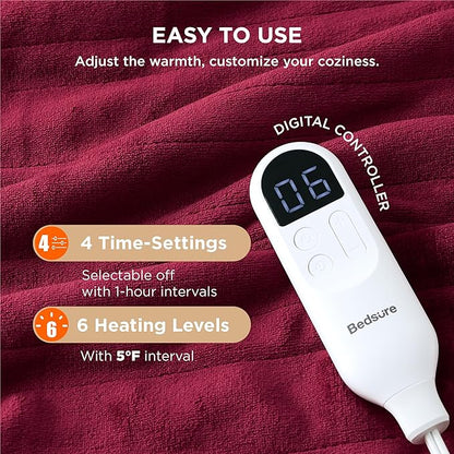 Bedsure Heated Blanket Throw Blanket - Fast Heating Electric Blanket, Soft Flannel Heated Throw with 4 Time Settings, 6 Heating Settings, Gifts for Grandma, Grandpa, Grandkids (50"x60", Burgundy)