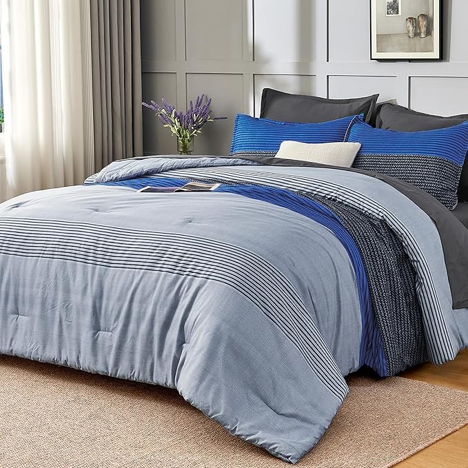 Andency Full Size Comforter Set 7 Pieces - Blue Grey Striped Lightweight Bed in a Bag, Soft Microfiber Farmhouse All Season Bedding Set with Comforter, Fitted & Flat Sheet, Pillowcases & Shams