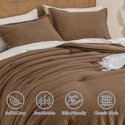PHF Soft Waffle Comforter Set Queen Size- Comfy Breathable Waffle Weave Comforter with 2 Pillow Shams, 3 Pieces Less Snagging Lightweight Textured Bedding Set for All Season, Mocha/Cocoa Brown