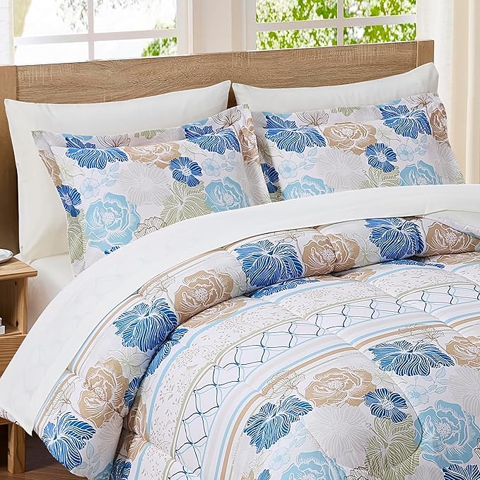 Floral Comforter Set Queen with Sheets Bed in a Bag – Deep Pocket Fitted Sheet with Elastic Corners, Cozy Comforter, Pillowcases & Shams – Soft Microfiber All Season Bedding – Machine Washable