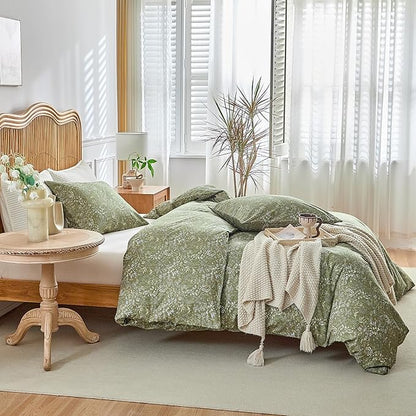 AMWAN Army Green Comforter Set Full 3 Piece, Botanical Bedding Comforter Set 1 Comforter with 2 Pillowcases, All Seasons Floral Warm Fluffy Bed Set, Full Boho Bedding Comforter Set