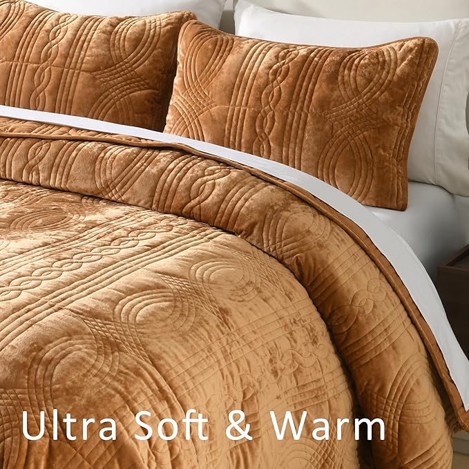 Homzard Velvet Golden Brown King Size Comforter Set, King Size Quilt Set Velvet Quilt Bedding Set, Soft Bedspread Coverlet, Luxury Bedding for All Season,3 Pieces Bed Set