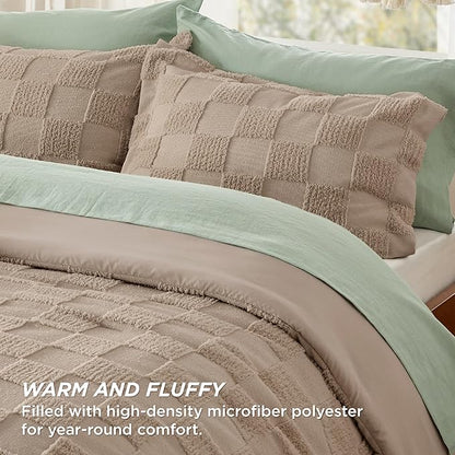 Bedsure Full Size Comforter Set Khaki, Boho Tufted Bed Set, Checkered Farmhouse Shabby Chic Bedding, 3 Pieces, 1 Plaid Geometric Comforter and 2 Pillow Shams
