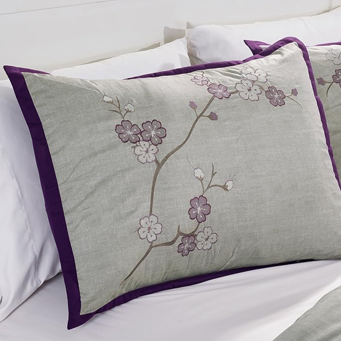 Chezmoi Collection Miki 7-Piece Luxury Floral Purple/Gray Cherry Blossom Embroidery Comforter Set, Queen