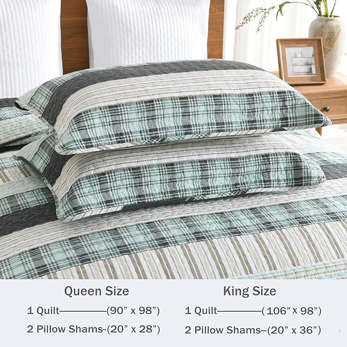 Homzard King Comforter，Cotton King Size Quilt，Teal Black Beige Bedding Set，Plaid Striped Bedspread，Lightweight Reversible Coverlet All Season 3 Pieces