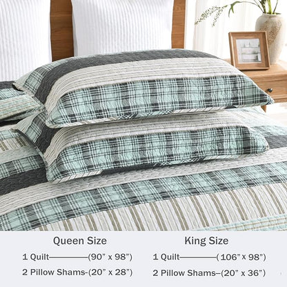 Homzard King Comforter，Cotton King Size Quilt，Teal Black Beige Bedding Set，Plaid Striped Bedspread，Lightweight Reversible Coverlet All Season 3 Pieces