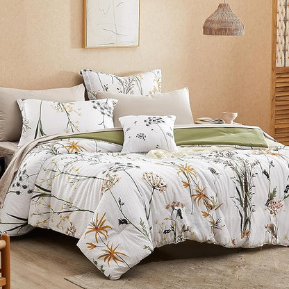 CASAAGUSTO King Comforter Set 7 PCS White & Green Dandelion Plant Comforter Set with Flowers Leaves Pattern Soft Seersucker Design All Season Bedding Set(102"X90")