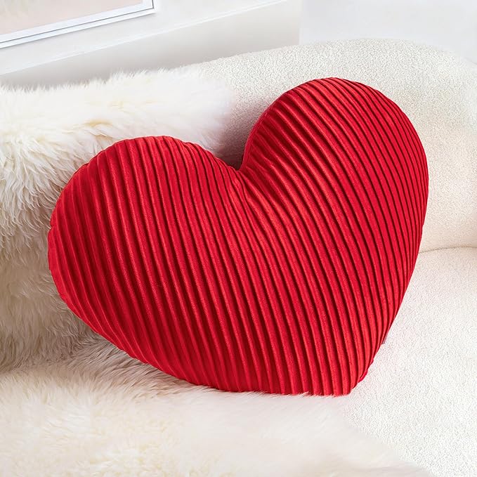 AELS Heart Shaped Pillow, 20 Inches Pleated Velvet Love Pillow, Decorative Throw Pillow for Valentines Day, Wedding, Living Room, Bedroom, Nursery Decor, Red