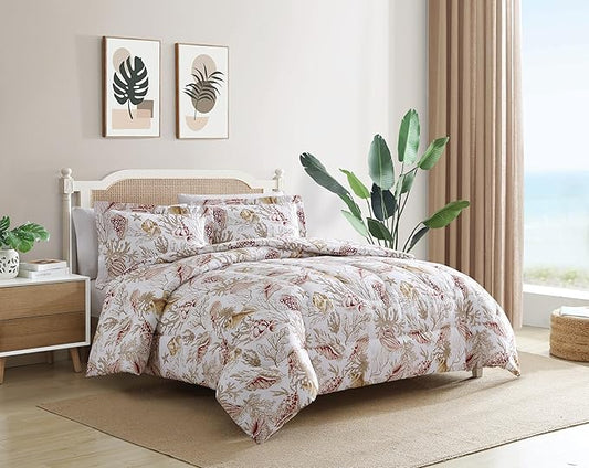 Caribbean Joe Full/Queen 3-Piece Comforter Set, Tropical Coastal Beach Design Bedding, Shells at Sunrise