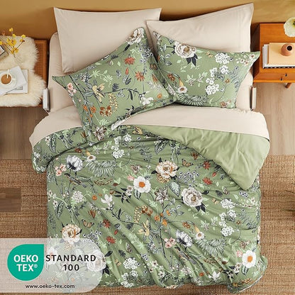 CASAAGUSTO King Size Comforter Set - 7 Pieces Green Floral Bedding Sets, King Bed in a Bag with Botanical Butterfly Comforter, Sheets, Pillowcases & Shams for All Seasons