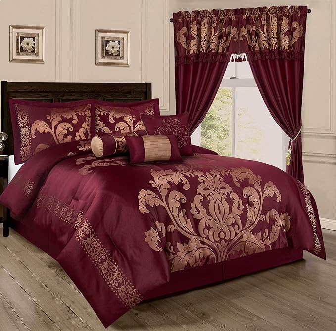 Chezmoi Collection 7-Piece Jacquard Floral Comforter Set (California King, Maroon)
