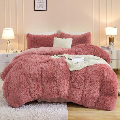 Andency Fluffy Old Pink Comforter Set Queen Size, 3 Pieces Winter Faux Fur Warm Soft Fuzzy Plush Bedding Comforter Set (1 Velvet Comforter & 2 Pillowcases), Thick Heavy Comfy Comforters Bedding Set
