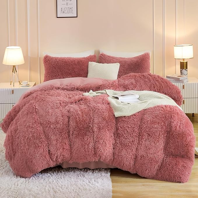 Andency Fluffy Old Pink Comforter Set King Size, 3 Pieces Winter Faux Fur Warm Soft Fuzzy Plush Bedding Comforter Set (1 Velvet Comforter & 2 Pillowcases), Thick Heavy Puffy Comforters Bedding Set