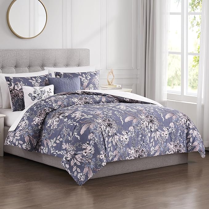 Modern Threads 5-Piece Printed Comforter Set, Thea King in Silver Purple – Soft Comforter, 2 Pillow Shams, and 2 Decorative Pillows