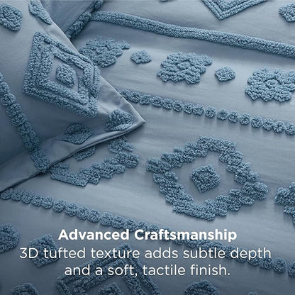 Bedsure Boho Tufted Blue Comforter King Size, GentleSoft™ 3 Pieces Boho Farmhouse Decor Bedding, Exquisite Shabby Chic Bedding for All Seasons, 1 Bed Comforter, 2 Pillow Shams, 104x90 Inches
