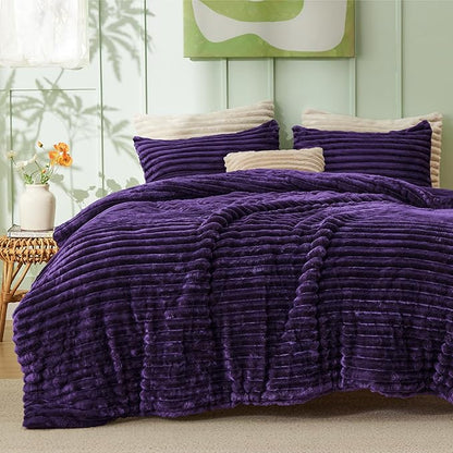 Bedsure Twin/Twin XL Comforter Set - GentleSoft™ 2 Pieces Fluffy Double-Side Fleece Comforter Set, Cozy Striped Room Decor Aesthetic, Luxury Purple Twin Bedding with 1 Pillowcase, 68x88 Inches