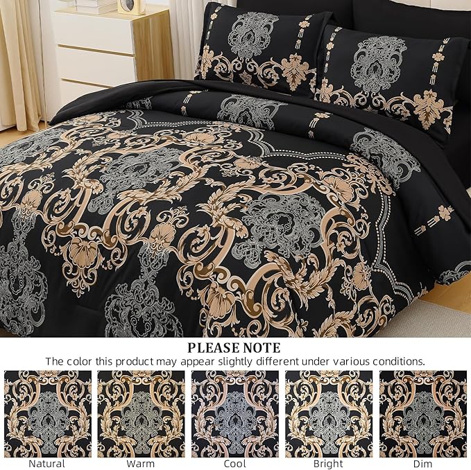 Mybedsoul Black Queen Comforter Set, 7 Pieces Gold Boho Bed in a Bag for Queen Bed, Damask Comforter with Sheets Pillowcases, Soft Microfiber Lightweight Bedding Sets for All Season(90"x90")