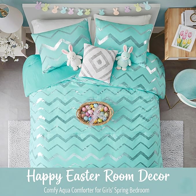 Codi Teen Girls Bedding Sets Twin Size, Teal Blue Bed Comforter Set for College Dorm Girl, 3 Pieces - All Seasons Warm