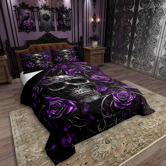 Erosebridal Gothic Skull Bedding Set for Adluts Kids Teens Halloween Goth Twin Comforter Vintage Victorian Romantic Purple Rose Floral Quilt Spooky Grunge Skeleton Boho Horror Bedding,Gothic Decor