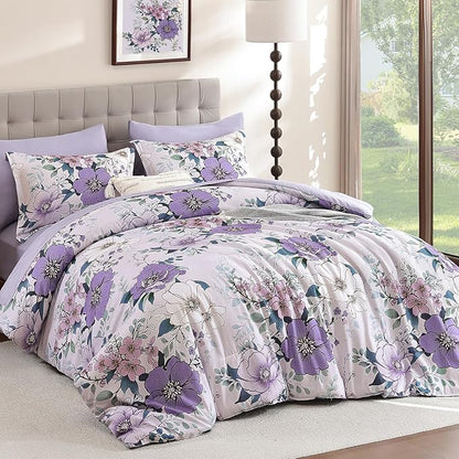 Xruibed Purple Floral Comforter Set Queen Size 7 Pieces Bed in a Bag Flower Comforter Set with Sheet, Pillowcases, Pillowshams, Soft Microfiber Bedding Set for All Season (Queen 90''x90'')