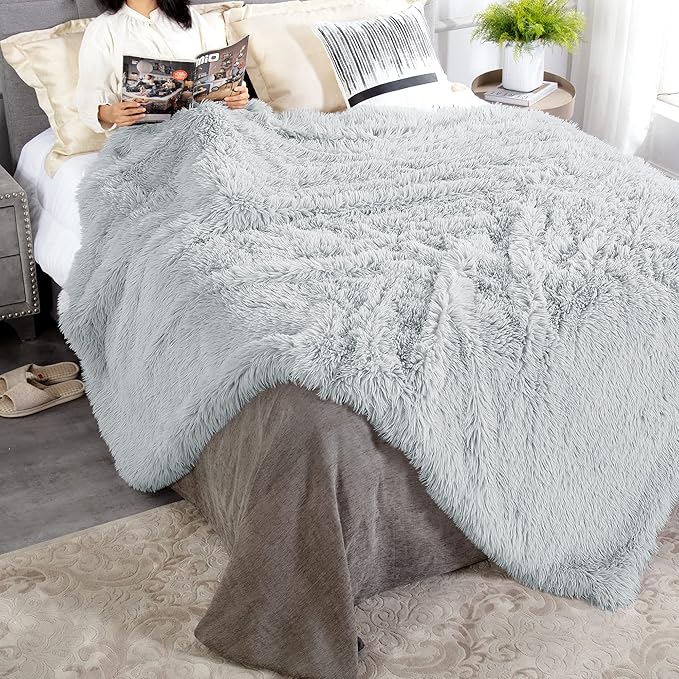 JONIYEAR Extra Large Decorative Fluffy Faux Fur Blanket Queen Size 80" x 90", Soft Luxury Lightweight Furry Blanket, Solid Cozy Shaggy Plush Thick Warm Fuzzy Blankets for Winter Bed Couch, Grey