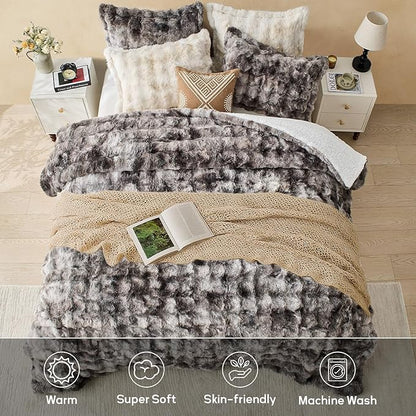 DAICO 3 Pieces Fluffy Faux Rabbit Fur Comforter Set Plush Fuzzy Bubble Comforter Bedding Set Warm Cozy Bedding Comforter Sets for Winter, 1 Comforter and 2 Pillowcases, Queen Size, Tie Dye Grey