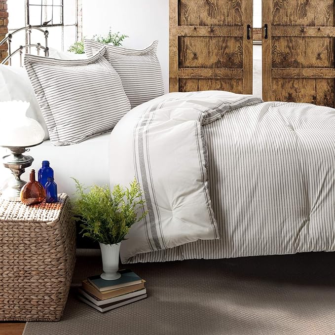 Lush Decor Stripe Reversible Cotton Comforter Set, Cozy Farmhouse Bedding Set, Full/Queen, Gray, 3 Piece Set
