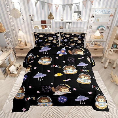 Castle Fairy Space Planet Boys Girls Comforter Set Full Size,Cartoon Hedgehog Astronaut Duvet Set Teens Bedroom Decor,Spaceship Starry Sky Microfiber Soft Bedding