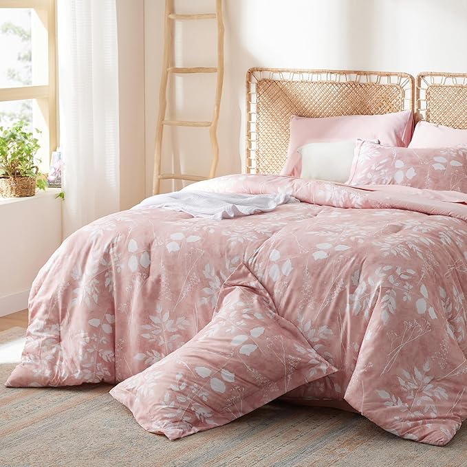 Bedsure King Size Comforter Set - 7 Pieces Floral Pink Soft Bedding Sets, King Bed in a Bag with Botanical Flowers Comforter, Sheets, Pillowcases & Shams