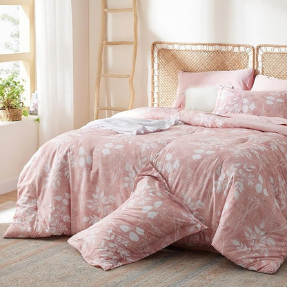 Bedsure Twin Comforter Set - 5 Pieces Floral Pink Soft Bedding Sets, Twin Bed in a Bag with Botanical Flowers Comforter, Sheets, Pillowcase & Sham