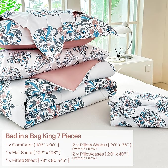 Floral King Comforter Set with Sheets, 7 Piece Luxury Vintage Bedding, Soft Microfiber Bed in a Bag, Cozy Lightweight Bed Set, Damask Boho Flower
