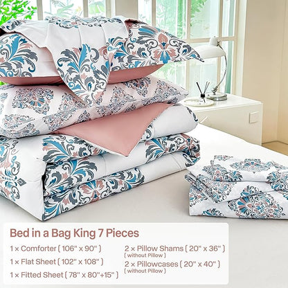 Floral King Comforter Set with Sheets, 7 Piece Luxury Vintage Bedding, Soft Microfiber Bed in a Bag, Cozy Lightweight Bed Set, Damask Boho Flower