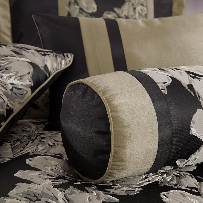 Chezmoi Collection Kelsey Comforter Set Oversized King Size, 7-Piece Black Gold Hibiscus Floral Jacquard Bedding Set
