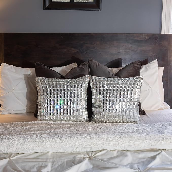 Fifth Avenue Pillow, Velvet Backing, Glass Stones, Dramatic, Hypoallergenic Fiber Insert, for Sophisticated Luxury Home Decor, Silver, 16", Sold Individually