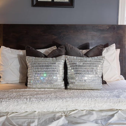 Fifth Avenue Pillow, Velvet Backing, Glass Stones, Dramatic, Hypoallergenic Fiber Insert, for Sophisticated Luxury Home Decor, Silver, 16", Sold Individually