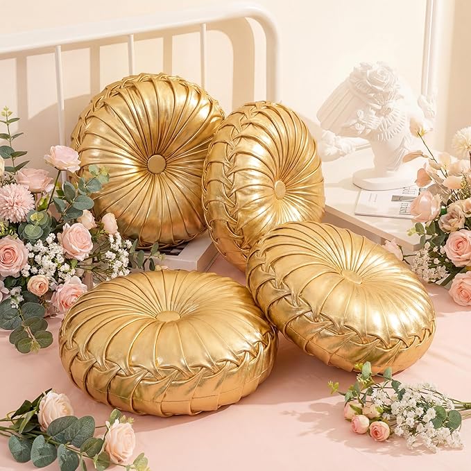 4 Pcs Round Throw Pillows Decorative Polyester Pleated Throw Pillows 15'' Diameter Accent Pumpkin Boho Chair Cushion for Couch Sofa Chair Bed Home Decoration (Gold)