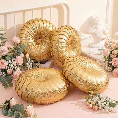 4 Pcs Round Throw Pillows Decorative Polyester Pleated Throw Pillows 15'' Diameter Accent Pumpkin Boho Chair Cushion for Couch Sofa Chair Bed Home Decoration (Gold)