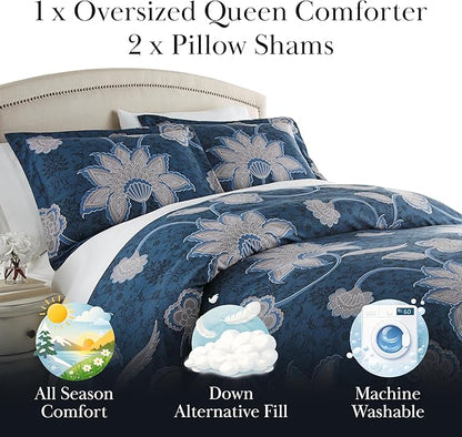 Southshore Fine Living, Inc. Grand Floral Collection - Full/Queen Comforter Set, Premium Quality, All-Season Down Alternative, Easy Care, Oversized 3-Piece Comforter Set, Full/Queen, Blue
