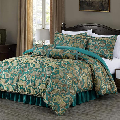 Chezmoi Collection Adelle 7-Piece Paisley Jacquard Embroidered Comforter Bedding Set, California King, Teal