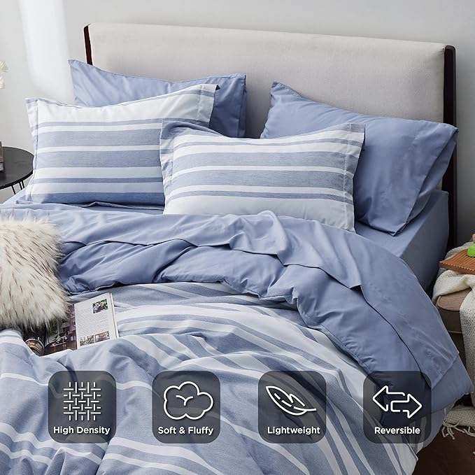 Bedsure Full Comforter Set 7 Pieces, Blue Striped Bedding Set for All Seasons, Reversible, Cationic Dyeing Bed in a Bag with Comforter, Sheets, Pillowcases & Shams