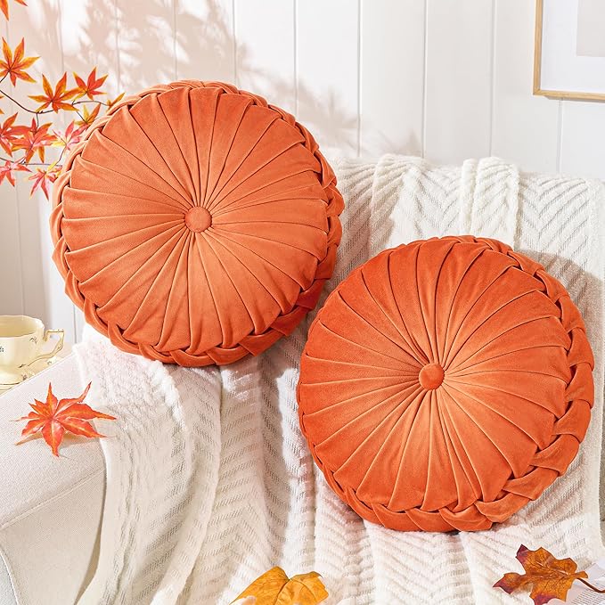 ROSE&RISY Round Pleated Velvet Throw Pillows, 2 Pcs Decorative Accent Pumpkin Pillow Cushion for Couch Sofa Chair Bed Car Home Decor (14.5 Inch, Orange)