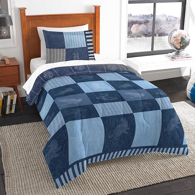 Northwest Harry Potter True Blue Hogwarts 4 Piece Twin Bed in a Bag Set, Bedding Set with Comforter and Sheets, Soft and Cozy for All Seasons
