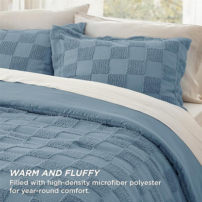 Bedsure Queen Size Comforter Set Mineral Blue, Boho Tufted Bed Set, Checkered Farmhouse Shabby Chic Bedding, 3 Pieces, 1 Plaid Geometric Comforter and 2 Pillow Shams