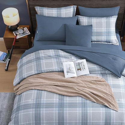 MaiRêve Plaid Twin XL Comforter Set, Light Blue Grid Bedding Set for Boys & Girls, Classic Checkered Bed in A Bag Comforter Sets with Fitted & Flat Sheet, Pillowcase & Sham(Light Blue, 66"x90")