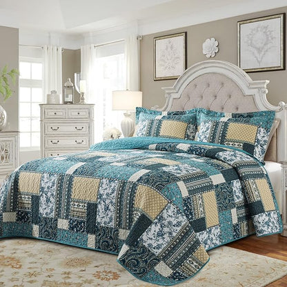 BEDIFANY Cotton King Size Quilt Set, Lightweight Bedspread King Size Coverlet Boho King Quilt, Soft Farmhouse King Quilt Bedding Sets for Bed Decorations for All Seasons (3 Pieces, Blue)